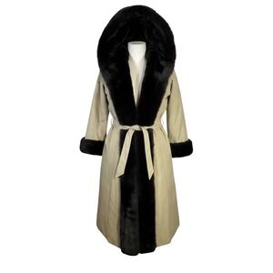 1970's Climate-Tamer Trench Coat Women M Tan Faux Fur Trim Hooded Belted Glam